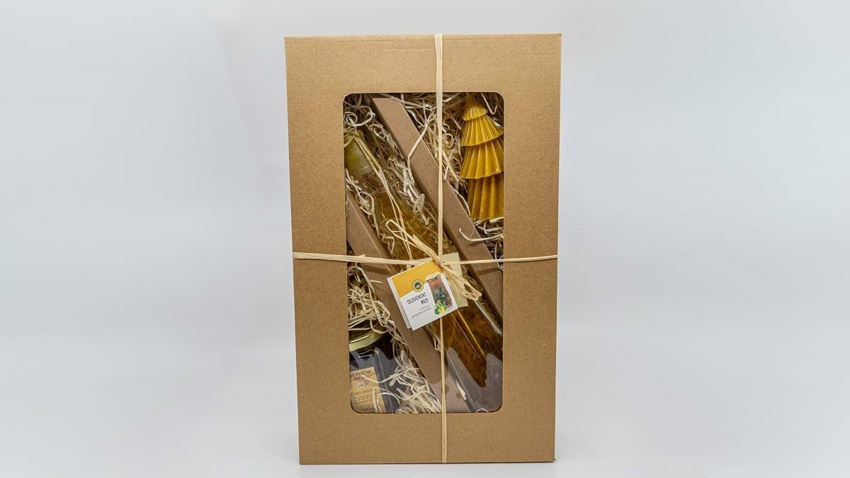 Darilni komplet: medeni liker, čebelja sveča in med – Žvikart