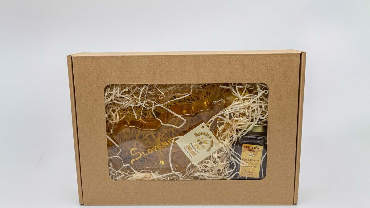 Darilni komplet: medeni liker in med v škatli – Žvikart