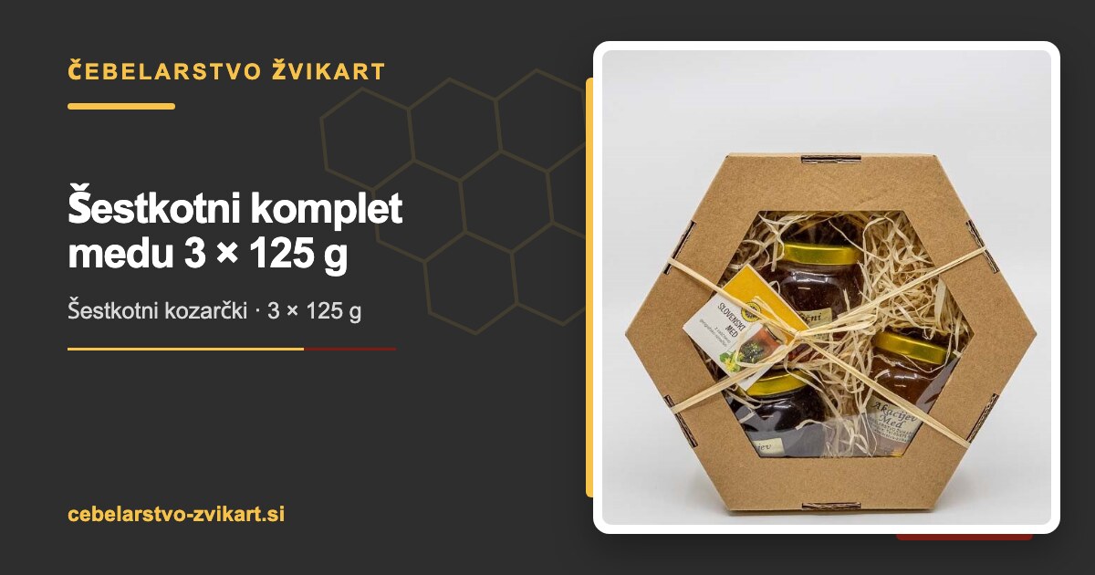 Šestkotni komplet medu 3 × 125 g | Čebelarstvo Žvikart