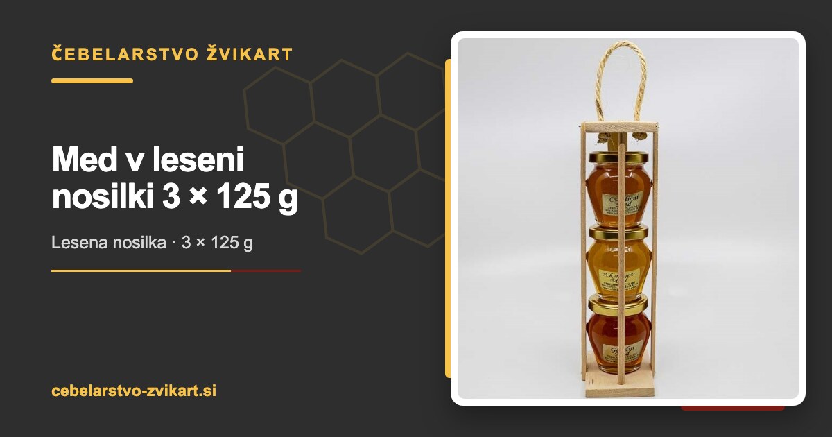 Med v leseni nosilki 3 × 125 g | Čebelarstvo Žvikart