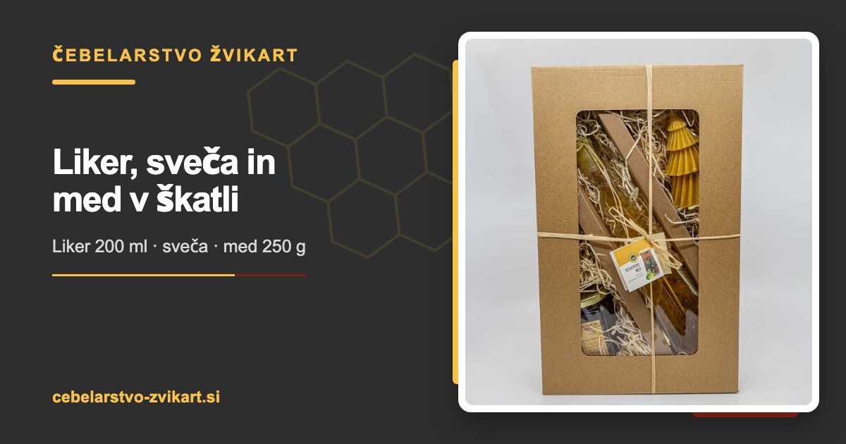 Liker, sveča in med v škatli | Čebelarstvo Žvikart